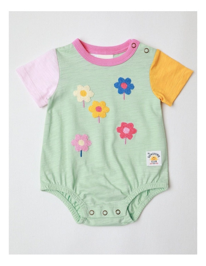 Essentials Short Sleeve Bodysuit With Boucle Daisy In Sage