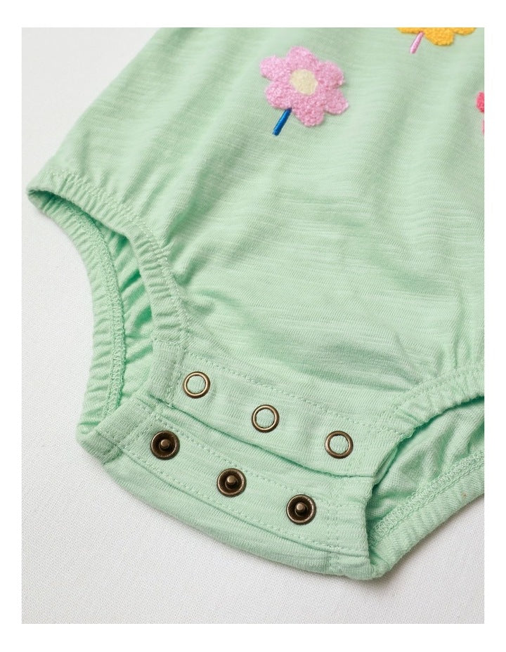 Essentials Short Sleeve Bodysuit With Boucle Daisy In Sage