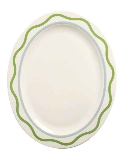 Summer Ribbon Oval Platter 35 x 28 x 2.5cm in Vintage White With Green