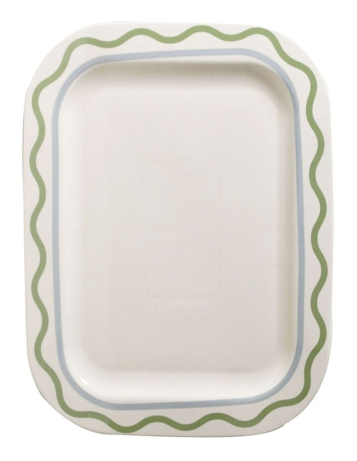 Summer Ribbon Rectangle Platter 37 x 28.5 x 2.5cm in Vintage White WithGreen