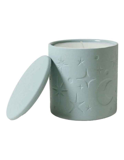 Celestial Debossed Candle With Lid in Gum Leaf