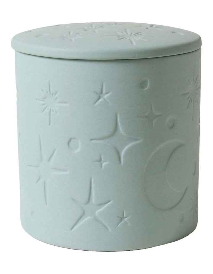 Celestial Debossed Candle With Lid in Gum Leaf