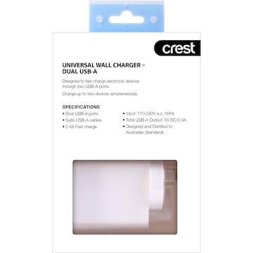 Crest Universal Wall Charger Dual USB-A each