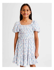 Short Sleeve Rayon Puff Sleeve Dress in Floral and Ecru