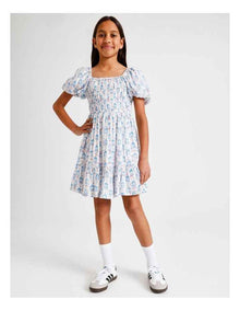 Short Sleeve Rayon Puff Sleeve Dress in Floral and Ecru