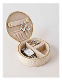 Woven PU Round Travel Jewellery Box in Ivory