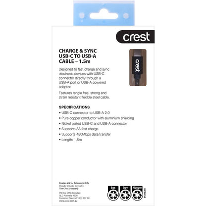 Crest Usb-c To Usb-a 1.5m Metallic Cable Assorted Each