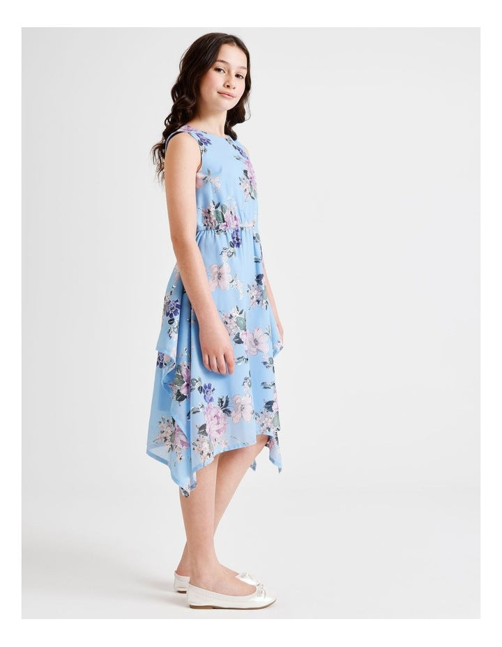 Chloe Sleeveless Hankerchief Hem Chiffon Dress with Gold in Blue Floral