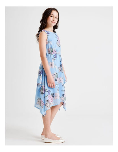 Chloe Sleeveless Hankerchief Hem Chiffon Dress with Gold in Blue Floral