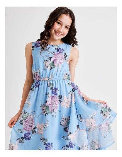 Chloe Sleeveless Hankerchief Hem Chiffon Dress with Gold in Blue Floral