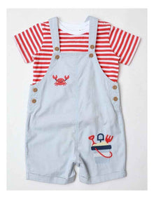 Crab Embroidered Woven Overall Set in White
