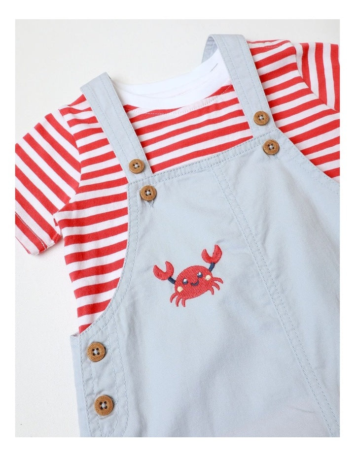 Crab Embroidered Woven Overall Set in White