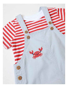 Crab Embroidered Woven Overall Set in White