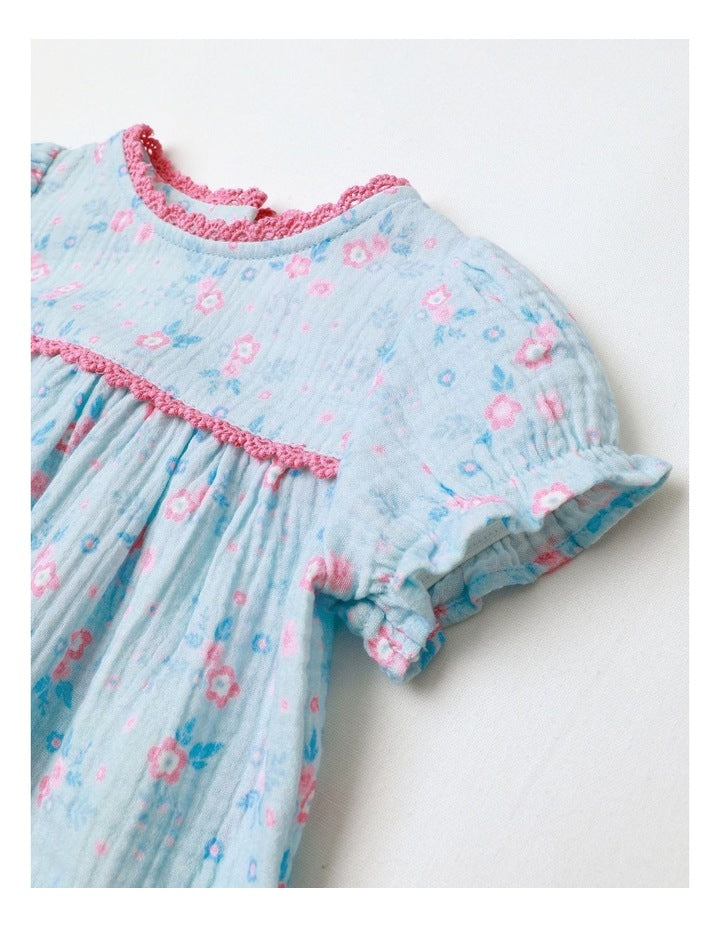 Doble Cloth Floral Bodysuit in Blue