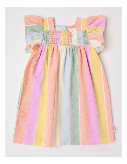 Kelly Yarn-dyed Crepe Striped Dress With Shirring in Rainbow