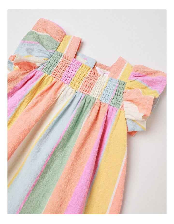Kelly Yarn-dyed Crepe Striped Dress With Shirring in Rainbow