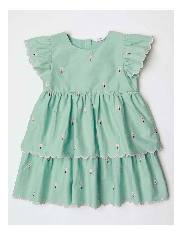 Lily Woven Tiered Dress With Scallop Edges And Daisy Embroidery In Light Green