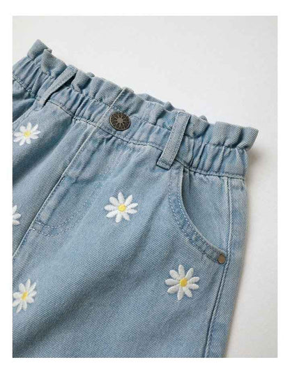 Paperbag Waist Skirt With Daisies in Denim