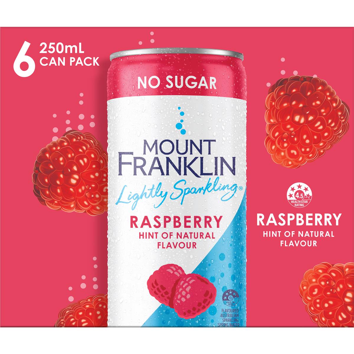Mount Franklin Lightly Sparkling Water Raspberry Cans 250ml x 6 Pack