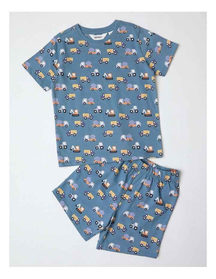 Transport Family Print Knit Pyjamas in Mid Blues