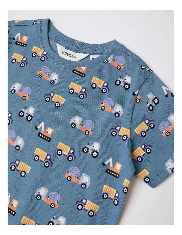 Transport Family Print Knit Pyjamas in Mid Blues