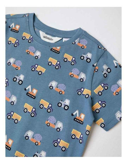 Transport Family Print Knit Pyjamas in Mid Blues