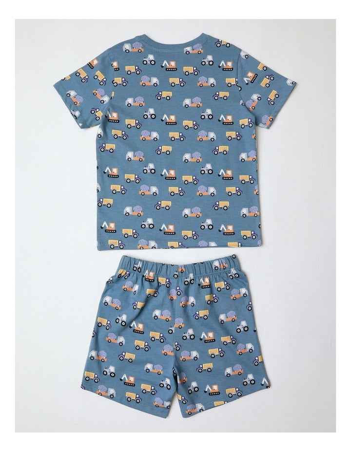 Transport Family Print Knit Pyjamas in Mid Blues