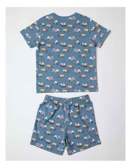 Transport Family Print Knit Pyjamas in Mid Blues