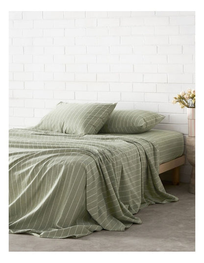 Stonewashed Cotton Sheet Set in Olive Stripe