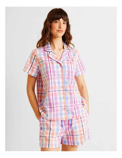 Core Cotton Short Sleeve Short PJ Set in Multi Gingham Print