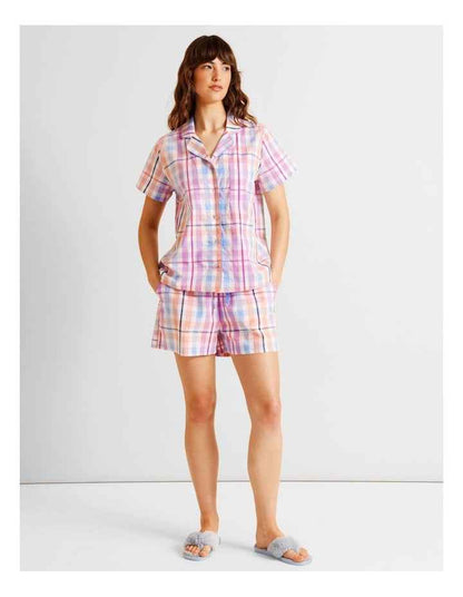 Core Cotton Short Sleeve Short PJ Set in Multi Gingham Print