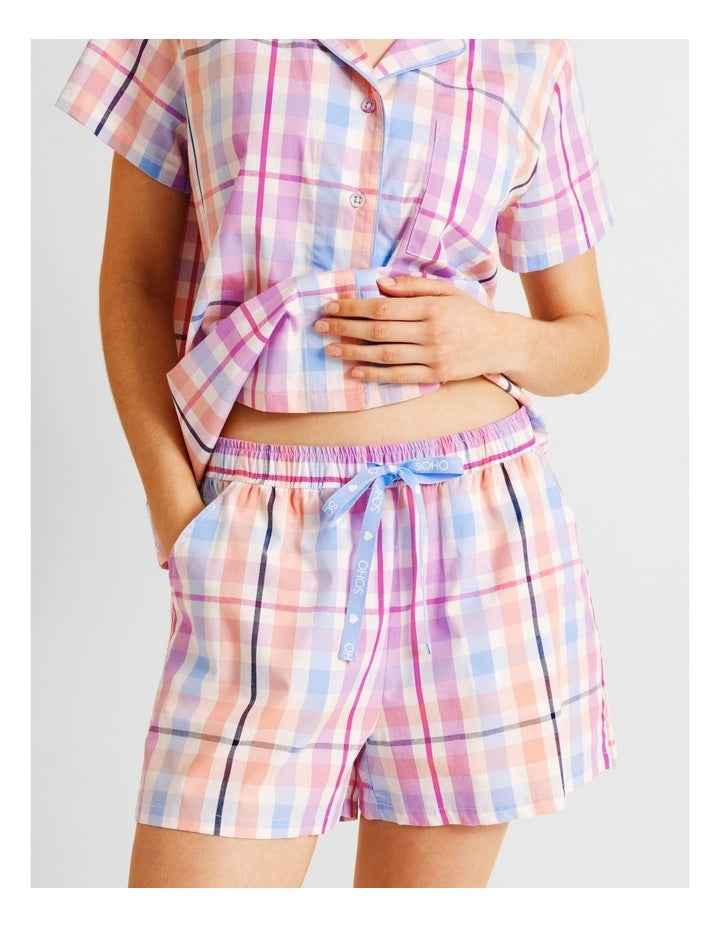 Core Cotton Short Sleeve Short PJ Set in Multi Gingham Print