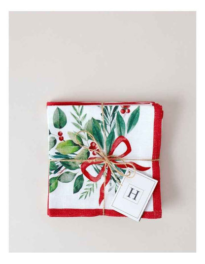 Traditional Christmas Bow Napkin Set of 4 in White/Red