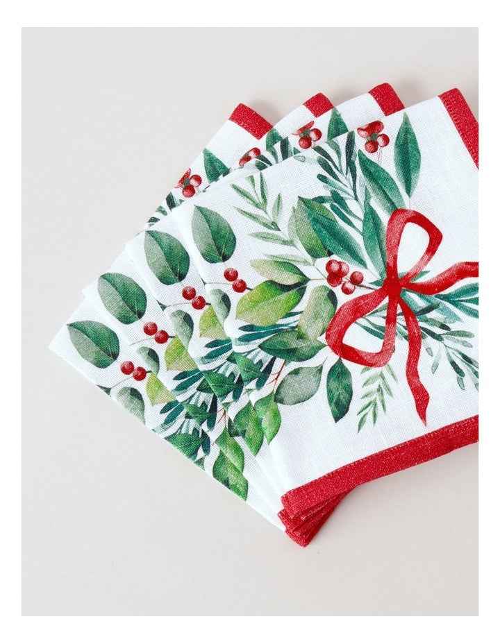 Traditional Christmas Bow Napkin Set of 4 in White/Red