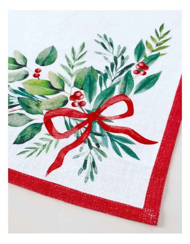 Traditional Christmas Bow Napkin Set of 4 in White/Red