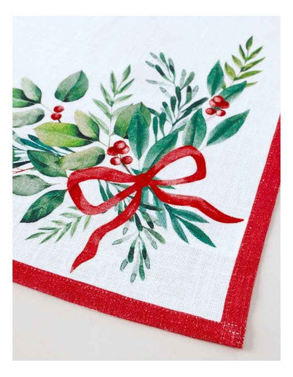 Traditional Christmas Bow Napkin Set of 4 in White/Red