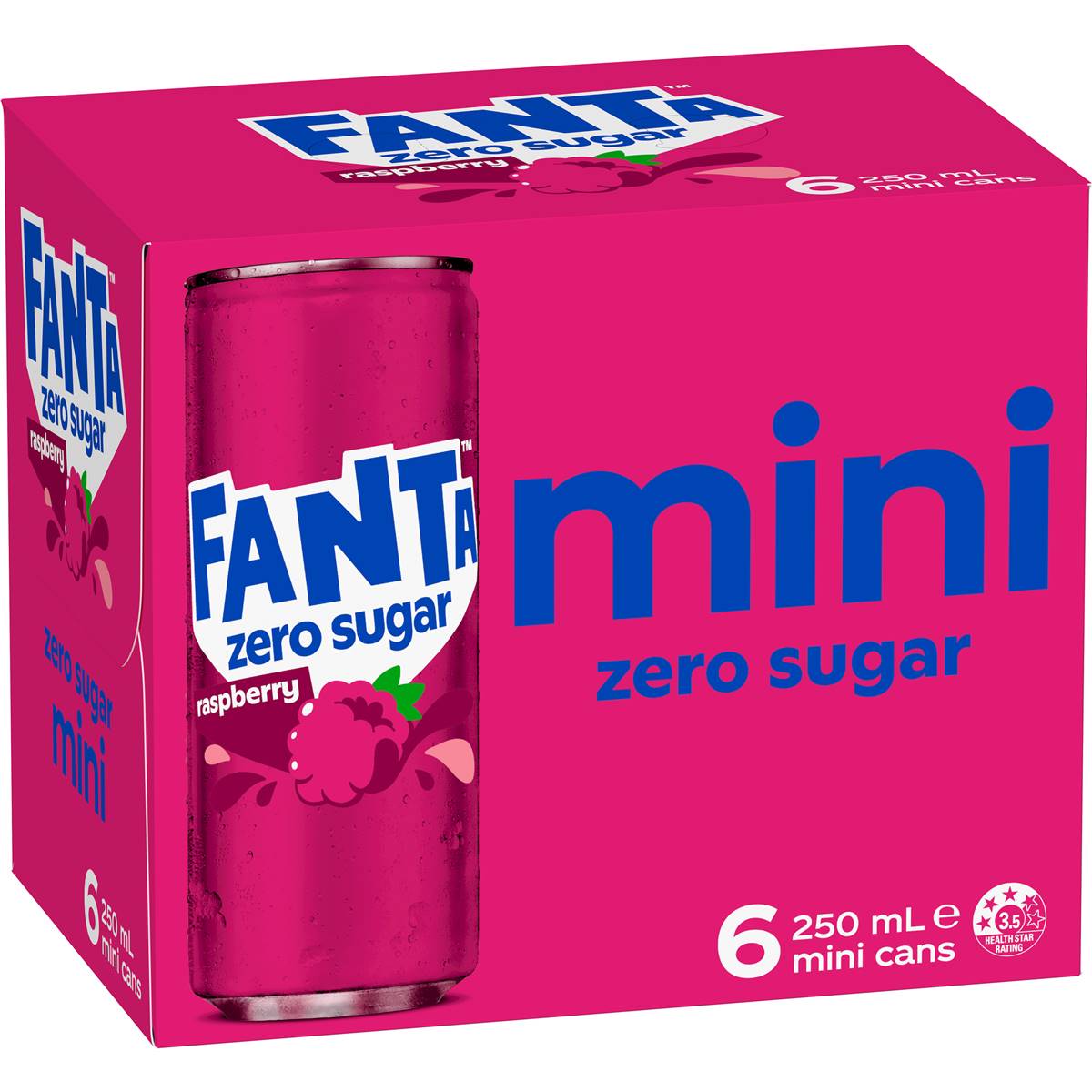 Fanta Raspberry Zero Sugar Soft Drink Mini Cans 250ml x 6 Pack