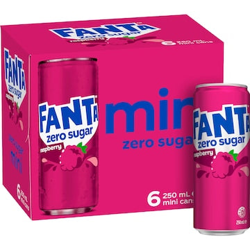 Fanta Raspberry Zero Sugar Soft Drink Mini Cans 250mL x 6 pack