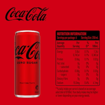 Coca-Cola Zero Sugar Soft Drink Mini Cans 250mL x 6 pack