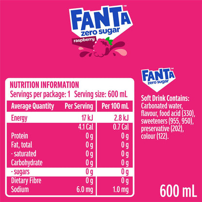 Fanta Raspberry Zero Sugar Soft Drink Bottles 600mL
