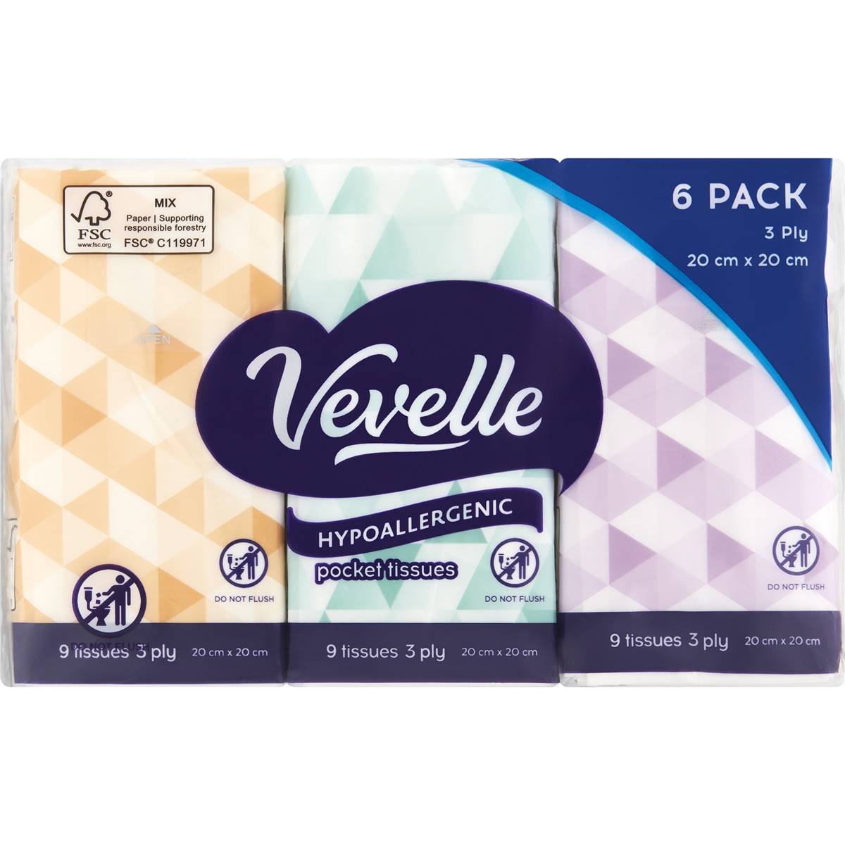 Vevelle 3 Ply 9 Sheets Hypoallergenic Facial Tissues 6 Pack