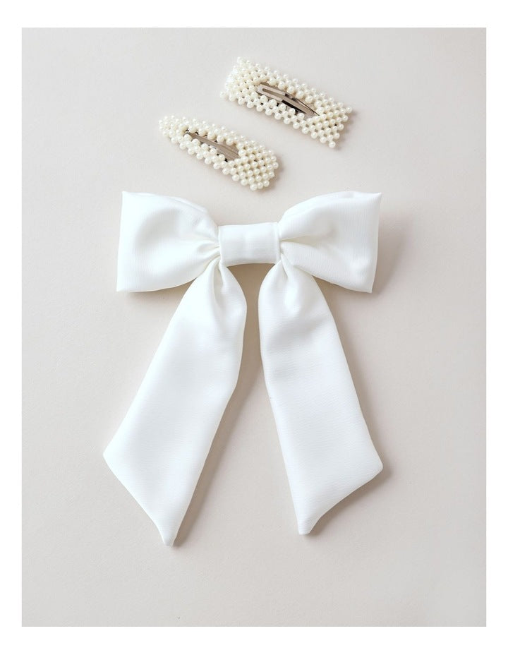 Oversized Bow With Pearl Clips in White