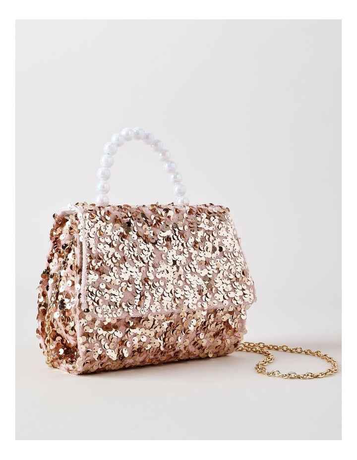 Sequin Bag with Pearl Handle in Pink