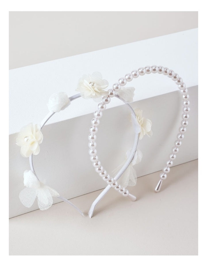 2 Pack Floral Tulle and Pearl Headband Set in White