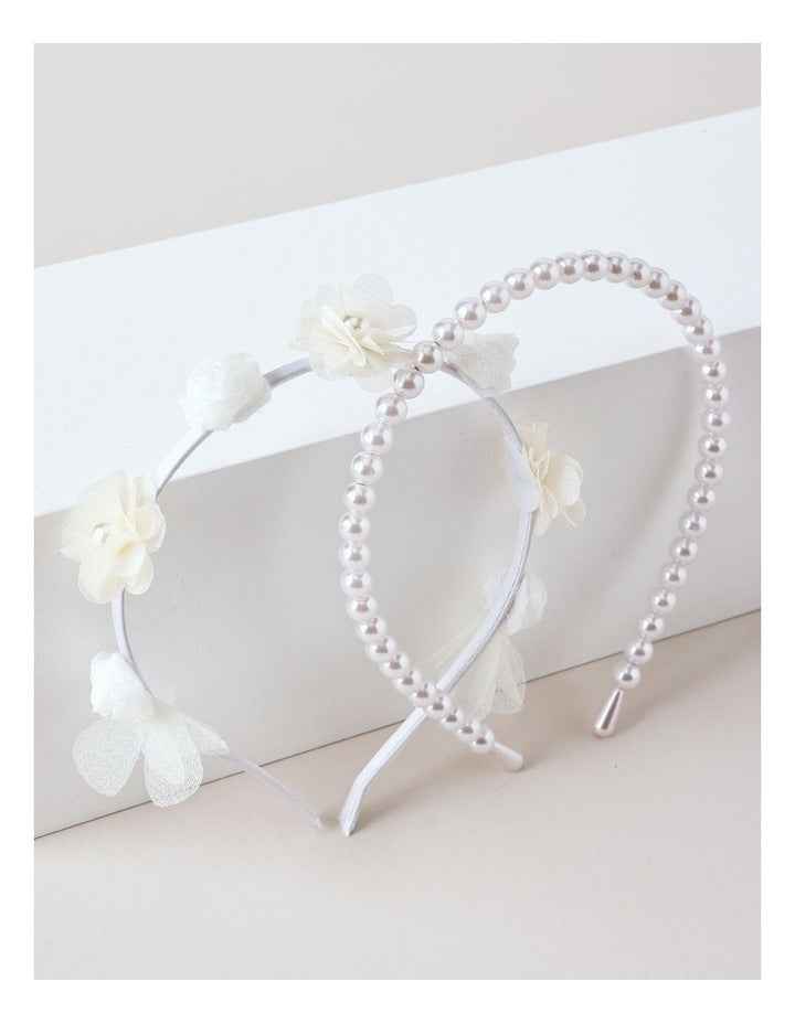 2 Pack Floral Tulle and Pearl Headband Set in White