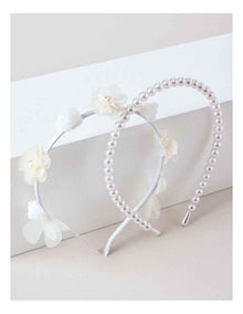 2 Pack Floral Tulle and Pearl Headband Set in White