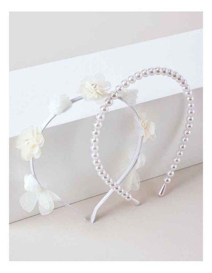 2 Pack Floral Tulle and Pearl Headband Set in White