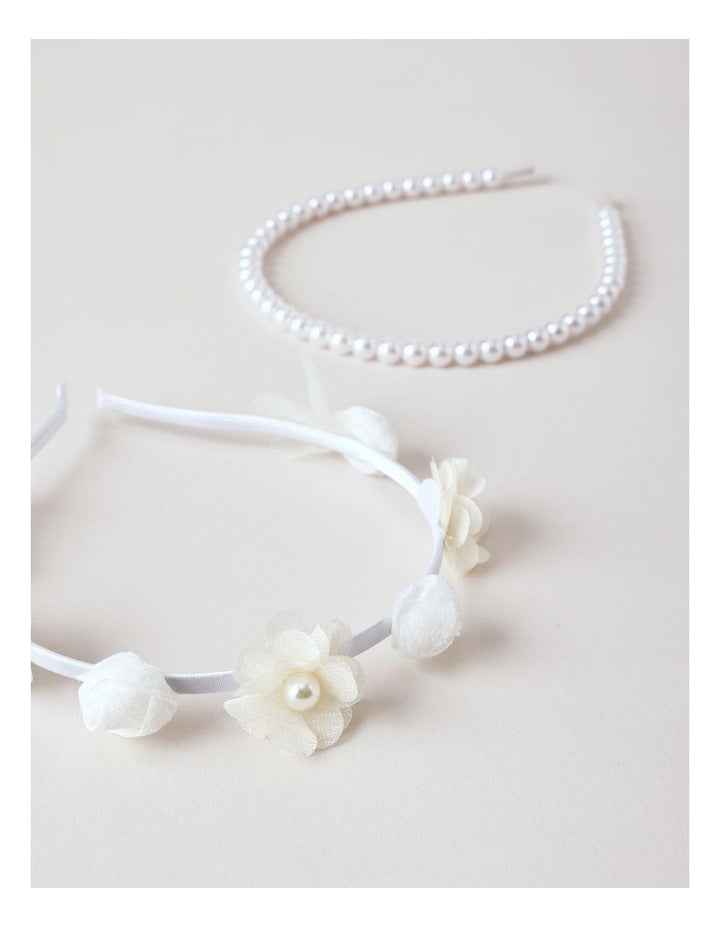 2 Pack Floral Tulle and Pearl Headband Set in White