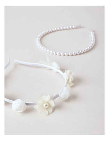 2 Pack Floral Tulle and Pearl Headband Set in White