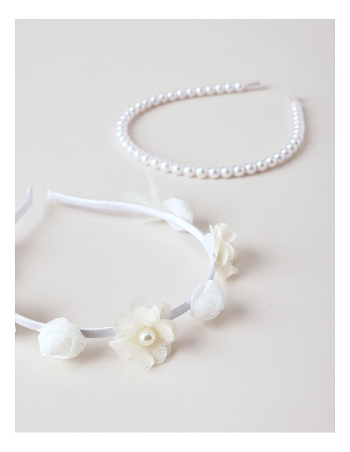 2 Pack Floral Tulle and Pearl Headband Set in White